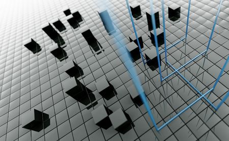 abstract background from dark metallic cubes and blue tubesの写真素材