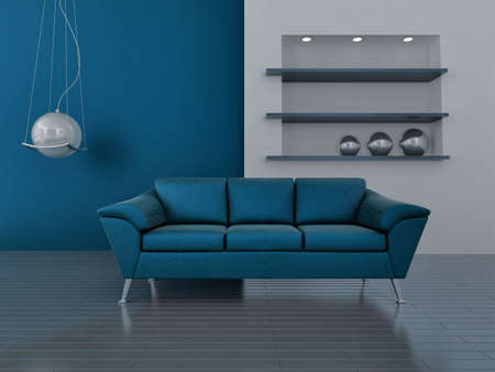 interior in blue tones with a sofa and lampの写真素材