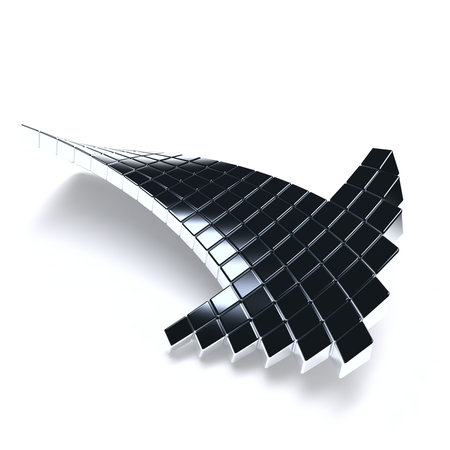 dark metallic arrow consisting of metal cubes on a white backgroundの写真素材