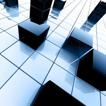 Abstract dark blue metallic cubes on a white