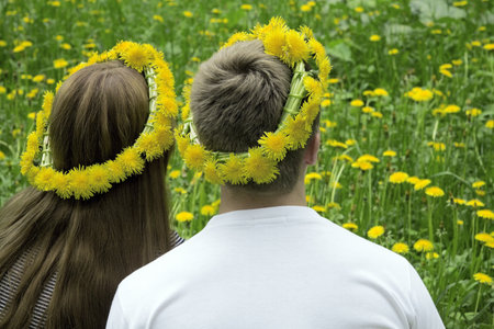 Loving couple in wreaths from dandelions on a background of field with flowersの写真素材