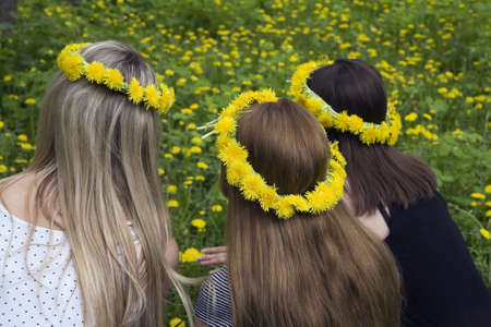 three girls with long hairs in wreaths from dandelions on a background of field with flowers