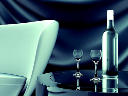 sofa table and drinks in a bottle and glassesの写真素材