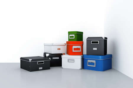 colored metal boxes for home accessories in the corner