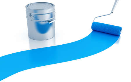 strip of blue paint and roller and metal canisterの写真素材