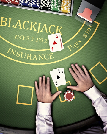 gambler man at blackjack casino tableの写真素材