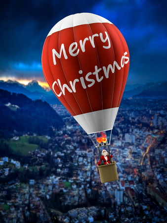 funny modern santa on vintage hot air balloonの写真素材