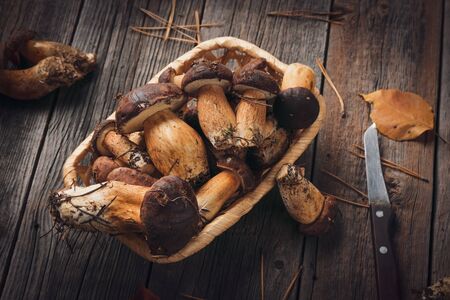Harvest of wild mushrooms in a wicker basket on a wooden backgroundの写真素材
