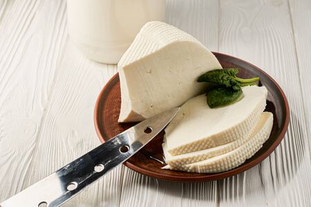 Homemade feta cheese in a plate and a can of sour milk as raw material for the product on a white...