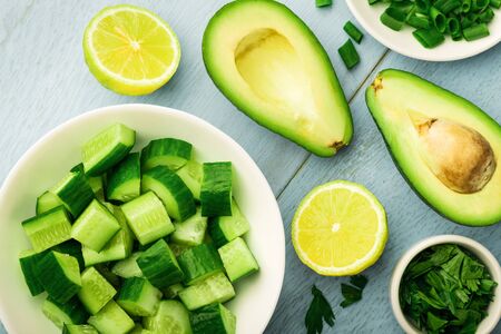 Top view fvocado salad with sucumbers.の写真素材