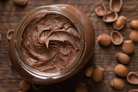 Close-up shot of chocolate-nut paste spread in glass jar on wooden background top view.