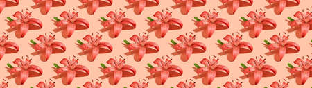 Banner small seamless pattern pink flower garden lily.