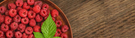A bunch of red raspberries in a big plate with copy space banner.の写真素材