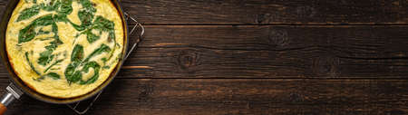 Frying pan SPINACH FRITTATA banner with copy space