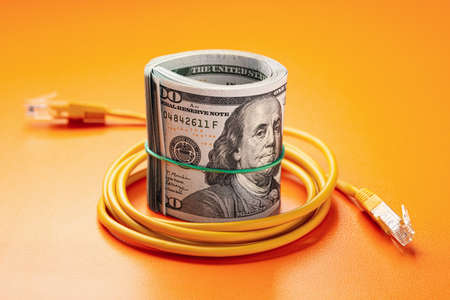 Bunch of hundred dollar bills and network cable