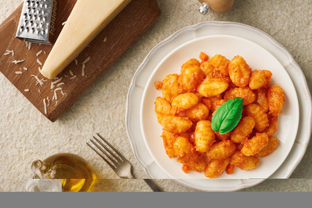 A plate of freshly prepared POTATO GNOCCHI in tomato sauce and basil leaf. Some ingredients. Marble stone background. view from above.の写真素材