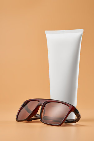 Sunglasses and a white tube of cream on a beige background with copy space. studio shot.の写真素材