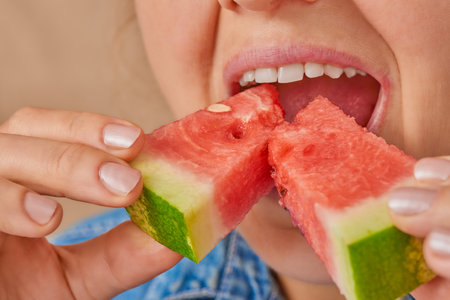Close-up of two pieces of watermelon, which a Caucasian woman puts into her mouth. Front...