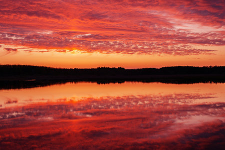Beautiful landscape of a lake with a reflection of the sky with clouds and silhouettes of trees on the shore, in summer at sunset.の写真素材