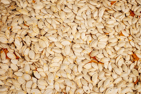 A close view of numerous pumpkin seeds is presented, highlighting their pale color and unique...