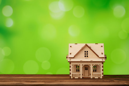 Wooden toy house on a board, symbolizing real estate and eco-housing.の写真素材