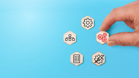 Workflow process optimization concept with gear hexagon blocks