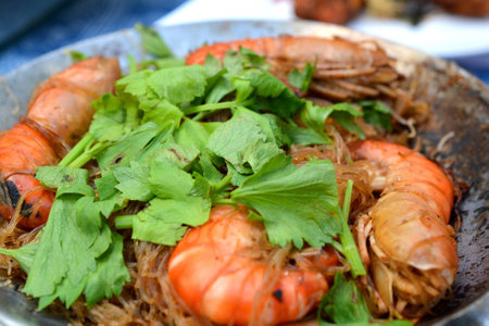 Casseroled prawns shrimps with glass noodles  soft Focusの写真素材