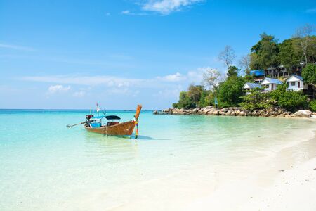 beautiful beach and boat in tropical sea at lipe island ,satun Thailandの写真素材