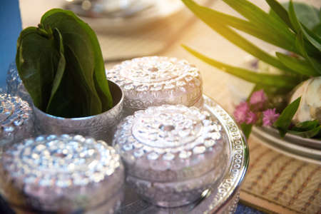 closed up tray of gifts for groom in Thai wedding style.の写真素材