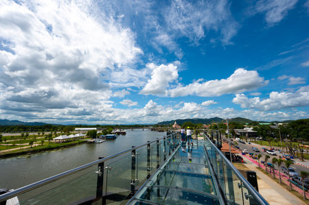 Kanchanaburi, Thailand - September 18, 2022 : View of beautiful glass sky walk landmark viewpoint of Mae Klong river at Kanchanaburi province, Thailandのeditorial素材