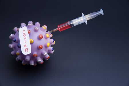 A medical syringe with a vaccine is inserted into the SARS-CoV-2 virus. The concept of creating a vaccine for the COVID-19 pandemic.の写真素材