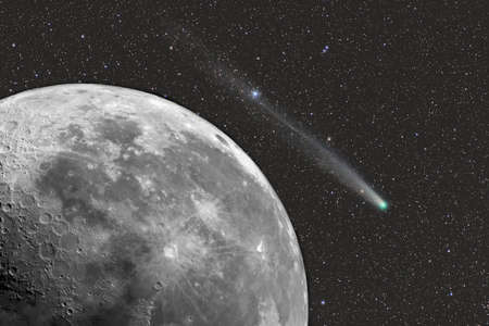 The comet flies in space against the background of the moon.の写真素材