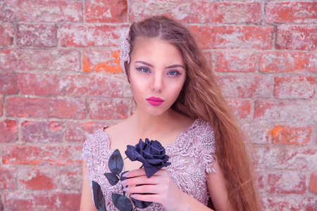 A young woman in a pink dress holds a black rose in her hands. A girl in a destroyed building. Red brick.の写真素材