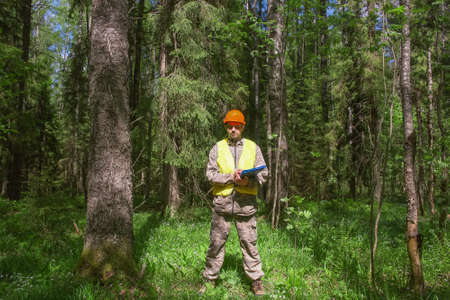 A forest engineer works in the forest. Accounting for the forest fund. Voluntary forest certification.の写真素材