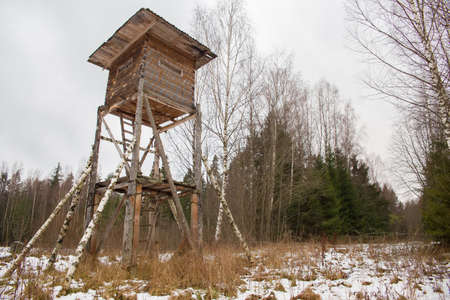 Hunting tower in the forest. Observation tower for hunting in the forest.の写真素材