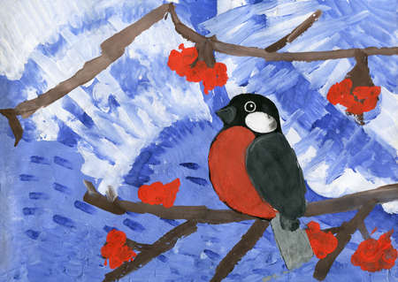 Stylized image of a bullfinch bird on a winter background.の写真素材