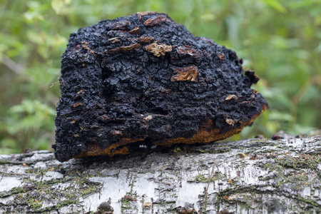 Chaga kombucha lies on a birch log.の写真素材