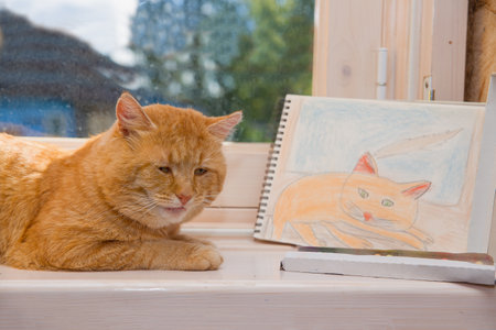 The red cat lies on the windowsill. Nearby is a drawing of a red cat.の写真素材