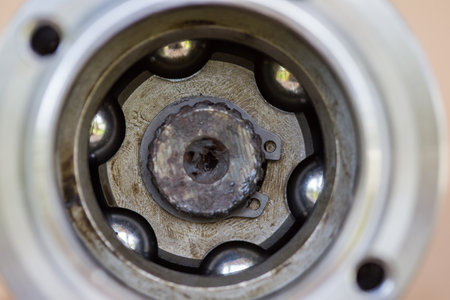 Selective focusing on the locking ring with shallow depth of field. Close-up of constant velocity joint.の写真素材