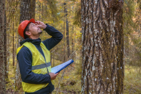 Forest engineer works in the forest. A man working, looking up. Real people work.の写真素材