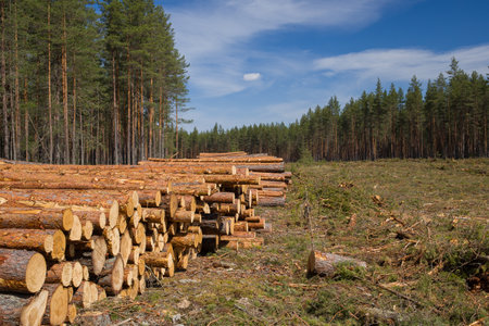 A stack of harvested wood lies on the logging site.の写真素材