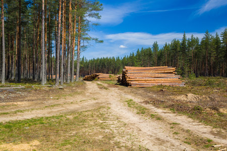 Stack with harvested pine wood. Wood warehouse. Timber.の写真素材