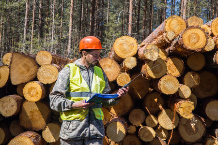 A man in work clothes works in the forest. A logging industry worker with a walkie-talkie in his hand.の写真素材