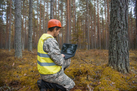 A male forest engineer works on a computer in the forest, wearing work clothes. Trees are reflected on the monitor.の写真素材