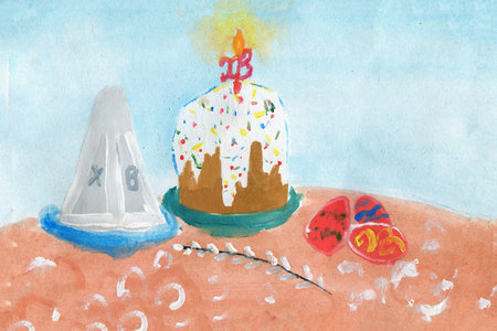 Drawing. Easter cake is on the table.の写真素材
