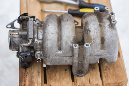 Car engine receiver. Car parts made of aluminum.の写真素材