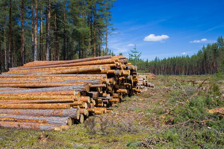 The harvested timber lies in a stack in the logging area.の写真素材
