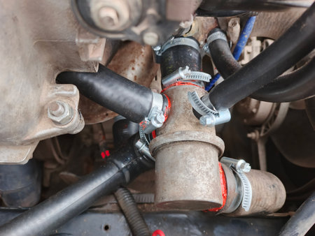 Car thermostat for cooling system with pipes.の写真素材