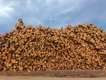 A stack of prepared coniferous timber.の写真素材