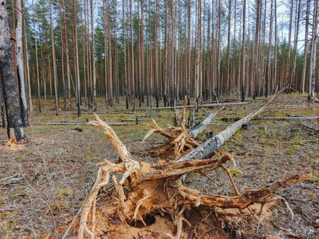 Pine forest dried out after a fire.の写真素材
